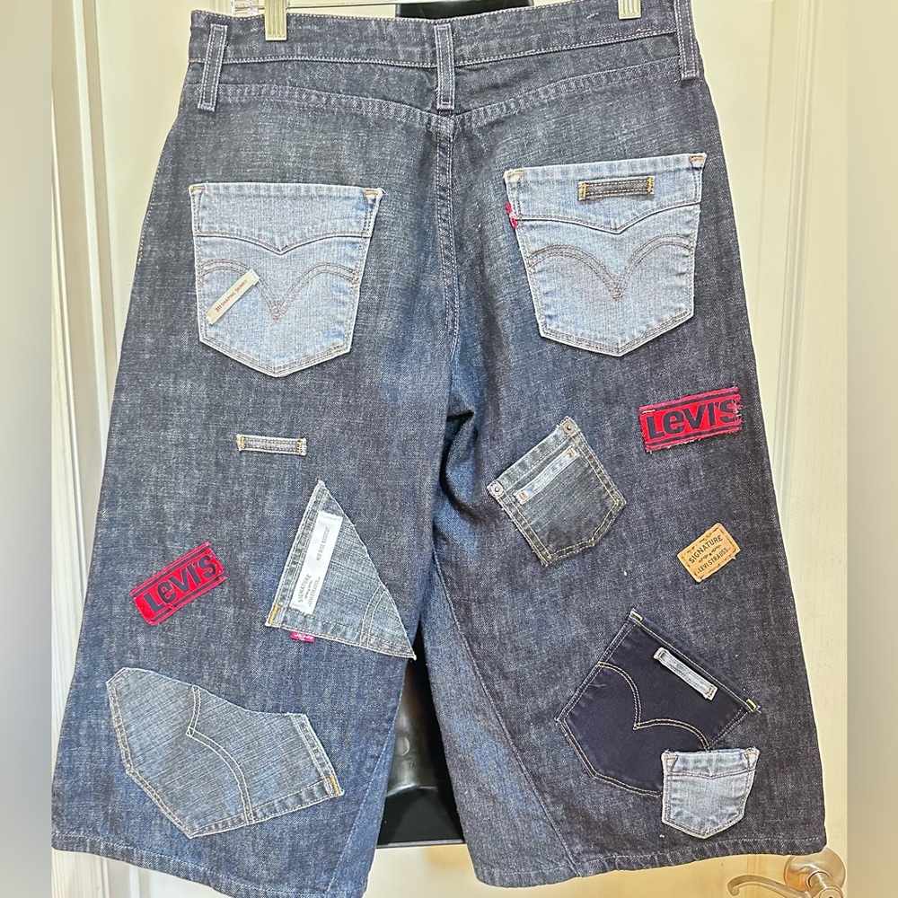 LEVIS Upcycled Wide-Leg Patchwork Cropped culotte Jeans size 10- Dark Blue - Picture 8 of 8